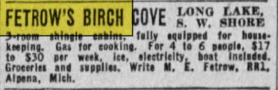 Fetrows Birch Cove Resort and Gulf Station - June 1939 Ad